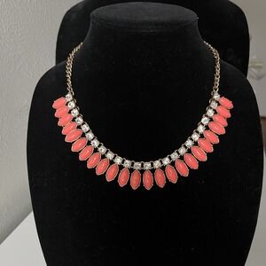 Y2K J Crew Faux Coral Gold Tone Rhinestone Signed Bib Statement Necklace Chunky